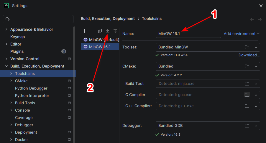 Rename to MinGW 16.1 and click the Up button