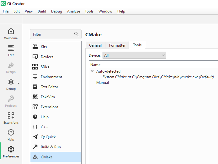 Verifying Auto-detected CMake Path in Qt Creator